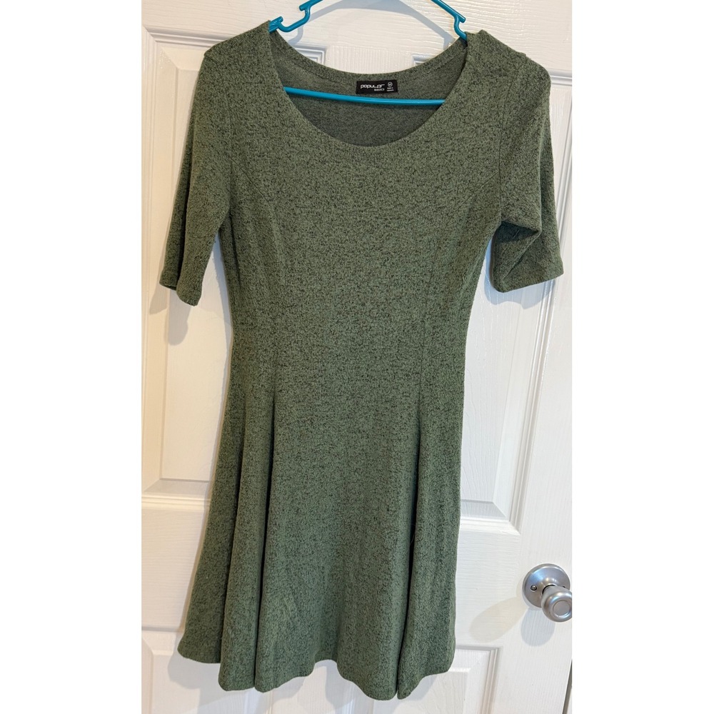 Popular Basics Knit Dress Olive Green Fit and‎ Flare Casual Comfy Medium